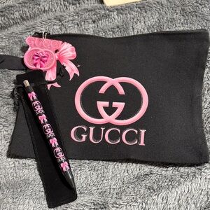 Black and Pink Zipper Pouch with Matching Zipper Pull and Pen w/ Velvet Pen Bag.